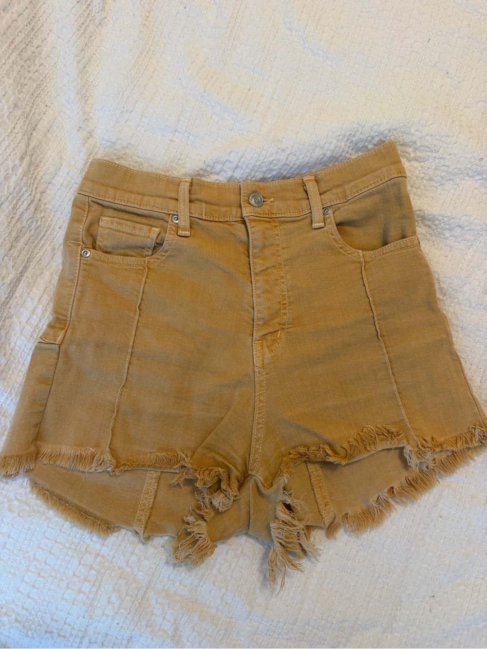 REVICE High-Rise Frayed Hem Jean Shorts in Mustard